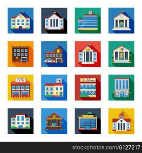 Government Buildings Icons In Colorful Squares. Government buildings flat icons set in colorful isolated squares with bank tax school church flat vector illustration