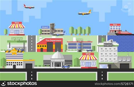 Government buildings with police station bank school and skyline background vector illustration