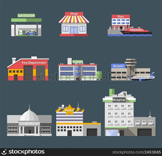 Government flat buildings decorative icons set with gas station shop port isolated vector illustration