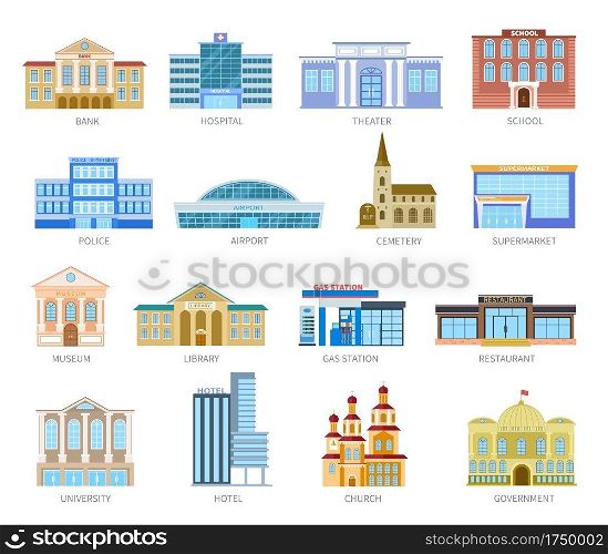 Government flat houses. Bank hospital school university airport police library church. Municipal city buildings exterior vector icons. Museum and library, gas station and restaurant illustration. Government flat houses. Bank hospital school university airport police library church. Municipal city buildings exterior vector icons