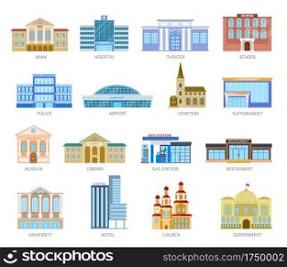 Government flat houses. Bank hospital school university airport police library church. Municipal city buildings exterior vector icons. Museum and library, gas station and restaurant illustration. Government flat houses. Bank hospital school university airport police library church. Municipal city buildings exterior vector icons