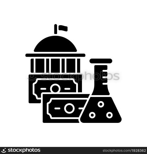Government funding of research black glyph icon. Government grants. Investment in scientific research. Federally supported trials. Silhouette symbol on white space. Vector isolated illustration. Government funding of research black glyph icon