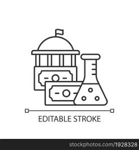 Government funding of research linear icon. Government grants. Investment in scientific research. Thin line customizable illustration. Contour symbol. Vector isolated outline drawing. Editable stroke. Government funding of research linear icon