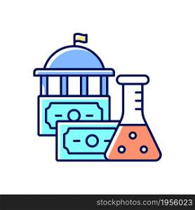 Government funding of research RGB color icon. Government grants. Investment in scientific research. Federally supported clinical trials. Isolated vector illustration. Simple filled line drawing. Government funding of research RGB color icon