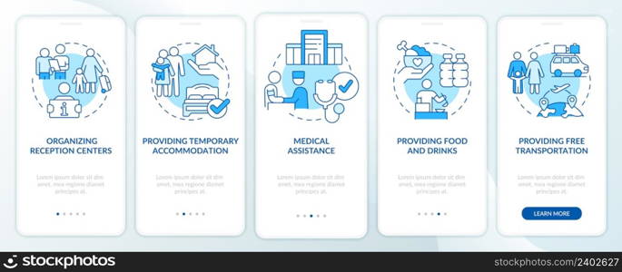 Government initiatives blue onboarding mobile app screen. Help refugees walkthrough 5 steps graphic instructions pages with linear concepts. UI, UX, GUI template. Myriad Pro-Bold, Regular fonts used. Government initiatives blue onboarding mobile app screen