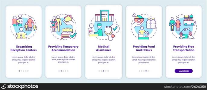 Government initiatives onboarding mobile app screen. Helping refugees walkthrough 5 steps graphic instructions pages with linear concepts. UI, UX, GUI template. Myriad Pro-Bold, Regular fonts used. Government initiatives onboarding mobile app screen