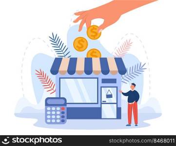 Government or business partner giving grant to bankrupt man. Shop owner getting subsidy flat vector illustration. Assistance, support, bankruptcy, crisis concept for banner or landing page
