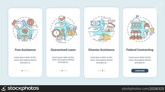 Government programs for business onboarding mobile app page screen. Startup walkthrough 4 steps graphic instructions with concepts. UI, UX, GUI vector template with linear color illustrations. Government programs for business onboarding mobile app page screen