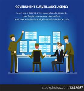 Government Surveillance Agency. Sequrity Room Desk. Cybersecurity Monitoring Technical Equipment. Military People near Operation Panel with Technical Professional. Tracking Analysis.. Government Surveillance Agency. Sequrity Room Desk