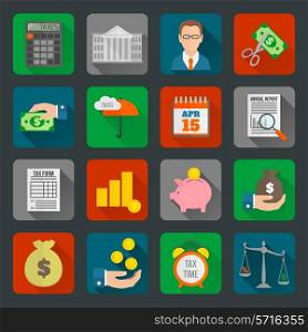 Government tax money finance cut paying reducing symbols flat long shadow icons set isolated vector illustration