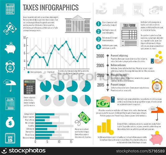 Government tax money finance cut paying reducing symbols infographics set with charts vector illustration