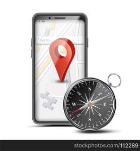 GPS App Concept Vector. Mobile Smart Phone With GPS Map And Navigation Map Compass. PCs Navigation System. Red Pointer. Isolated Illustration. GPS App Concept Vector. Navigation, Travel, Tourism, Location Route Planning. Web Travel Or Taxi Service App Business Transportation. Isolated Illustration