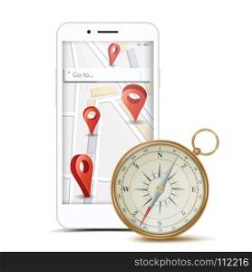 GPS App Concept Vector. Navigation, Travel, Tourism, Location Route Planning. Web Travel Or Taxi Service App Business Transportation. Isolated Illustration. GPS App Concept Vector. Mobile Smart Phone With GPS Map And Navigation Map Compass. PCs Navigation System. Red Pointer. Isolated Illustration