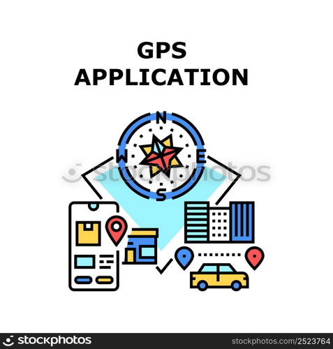 Gps Application Vector Icon Concept. Gps Application For Tracking Order On Delivery Service Web Site And Finding Direction On City Street. Compass For Orientation Color Illustration. Gps Application Vector Concept Color Illustration