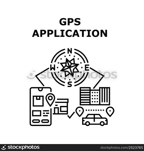 Gps Application Vector Icon Concept. Gps Application For Tracking Order On Delivery Service Web Site And Finding Direction On City Street. Compass For Orientation Black Illustration. Gps Application Vector Concept Black Illustration