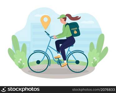 Gps for eco delivery worker 2D vector isolated illustration. Woman on bike navigating city. Courier on bicycle flat character on cartoon background. Alternative sustainable shipment colourful scene. Gps for eco delivery worker 2D vector isolated illustration