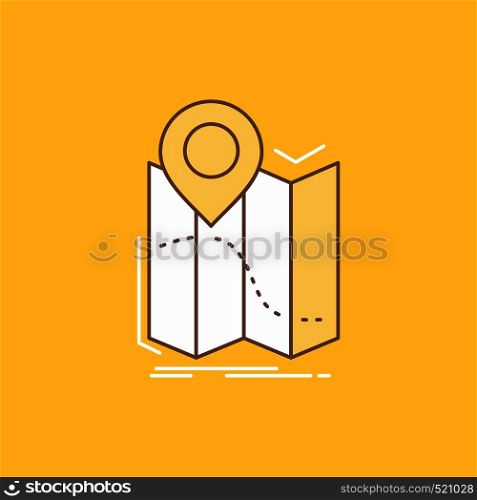 gps, location, map, navigation, route Flat Line Filled Icon. Beautiful Logo button over yellow background for UI and UX, website or mobile application. Vector EPS10 Abstract Template background