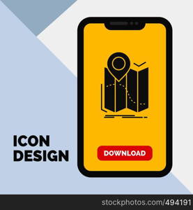 gps, location, map, navigation, route Glyph Icon in Mobile for Download Page. Yellow Background. Vector EPS10 Abstract Template background