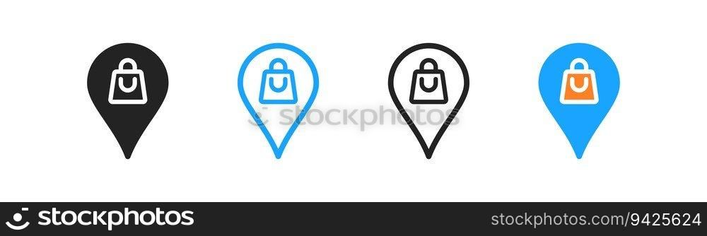 Gps location of store outline icon. Map pointer of store adress sign. Shopping symbol. Simple flat design. Vector illustration. Gps location of store outline icon. Map pointer of store adress sign. Shopping symbol. Simple flat design. Vector illustration.