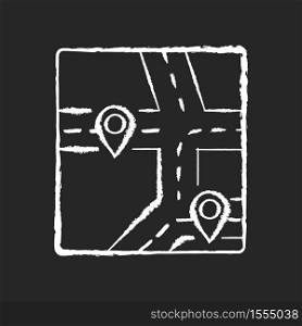 GPS map chalk white icon on black background. Global positioning system, modern navigation technology. Local district map with roads and location markers isolated vector chalkboard illustration. GPS map chalk white icon on black background