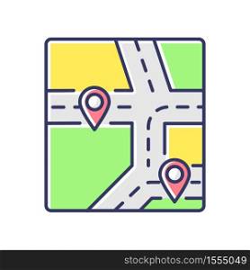 GPS map RGB color icon. Global positioning system, modern navigation technology. Local district map with roads and location markers isolated vector illustration. GPS map RGB color icon