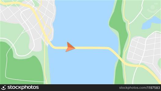 GPS Map with river, city, road and bridge. Navigation concept. City map close up. Map with river, city, road and bridge. Navigation concept