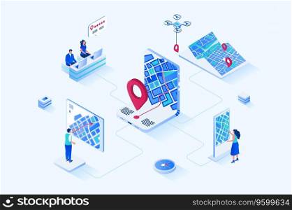 GPS navigation 3d isometric web design. People use mobile application with city map and get directions, track locations and move along streets with online navigator app. Vector web illustration. GPS navigation 3d isometric web design. Vector web illustration