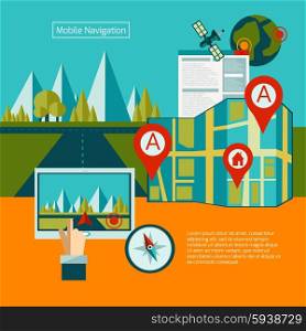 GPS navigation concept with flat map and route search elements vector illustration. Gps Navigation Concept
