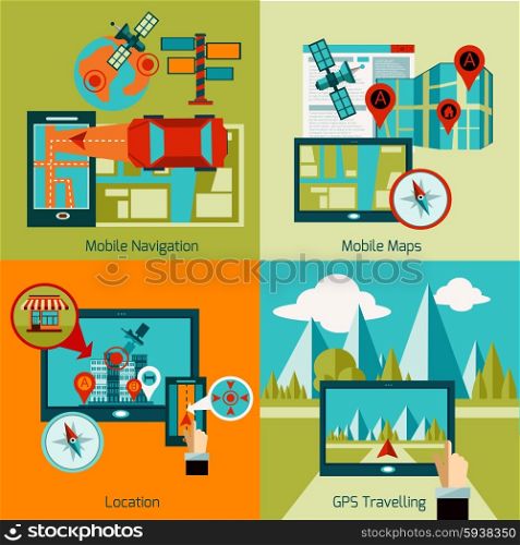 GPS navigation design concept set with mobile maps flat icons isolated vector illustration. Gps Navigation Set