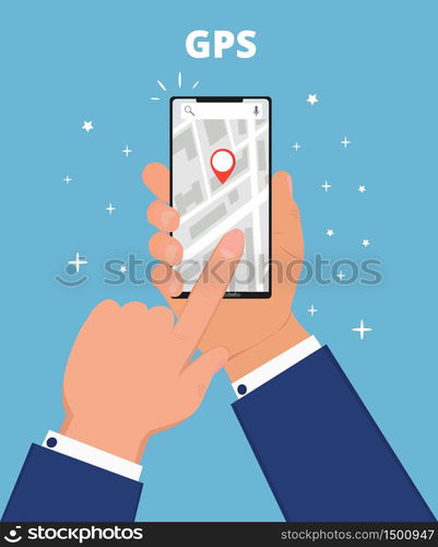 GPS navigation flat vector. Hand is holding smartphone with app, searching location in the city. Online map application for tablet, mobile phone.. GPS navigation flat vector. Hand is holding smartphone with app, searching location in the city.