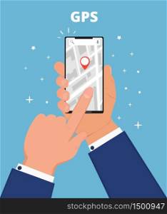 GPS navigation flat vector. Hand is holding smartphone with app, searching location in the city. Online map application for tablet, mobile phone.. GPS navigation flat vector. Hand is holding smartphone with app, searching location in the city.