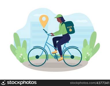 Gps navigation for delivery worker 2D vector isolated illustration. Woman on bike. Courier on bicycle flat character on cartoon background. Alternative sustainable shipment colourful scene. Gps navigation for delivery worker 2D vector isolated illustration