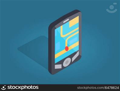 GPS Navigation Interface with Location on Phone. Gps navigator interface with city map and location on smartphone. Black phone with three buttons isolated on blue. Whereabouts marked with red dot. Vector illustration flat design cartoon style.