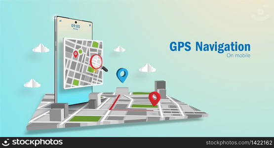 GPS Navigator Application Concept, search a direction via appplication on smartphone, Web banner background with copy space