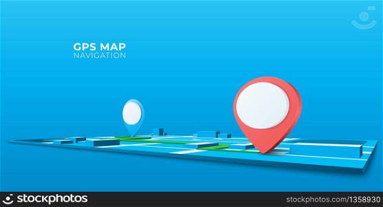 GPS navigator pin icon searching route way on world map background. Locator position point. 3d perspective vector illustration