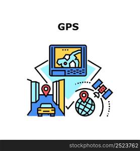 Gps Technology Vector Icon Concept. Gps Technology For Searching Way On Water In Sea And On Road In City. Satellite Equipment For Guiding Driver And Navigating On Route Color Illustration. Gps Technology Vector Concept Color Illustration