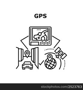 Gps Technology Vector Icon Concept. Gps Technology For Searching Way On Water In Sea And On Road In City. Satellite Equipment For Guiding Driver And Navigating On Route Black Illustration. Gps Technology Vector Concept Black Illustration