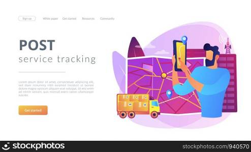 GPS tracker on postal agent truck. Watching delivery in real time. Post service tracking, parcel monitor, track and trace your shipment concept. Website homepage landing web page template.. Post service tracking concept landing page