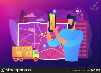 GPS tracker on postal agent truck. Watching delivery in real time. Post service tracking, parcel monitor, track and trace your shipment concept. Bright vibrant violet vector isolated illustration. Post service tracking concept vector illustration