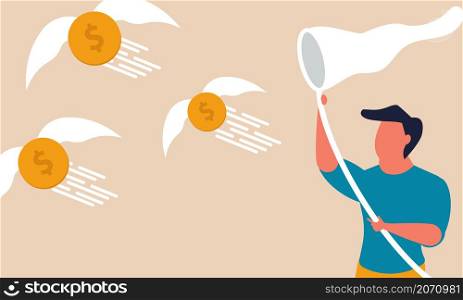 Grab investment coins of money. A man with a butterfly net tries to catch flying coins vector illustration concept. Financial success and earnings of business people. Investor success earn cash