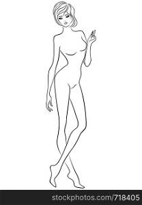 Graceful and adorable lady with slim figure isolated on the white background, hand drawing vector outline