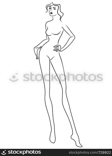 Graceful and charming woman with slim figure isolated on the white background, hand drawing vector outline