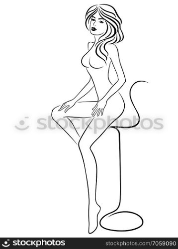 Graceful and slim woman with expressive eyes and nice hair sitting on chair, hand drawing vector illustration