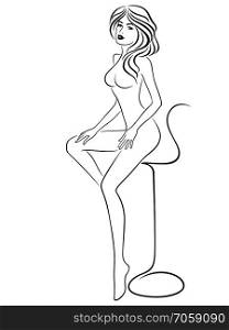Graceful and slim woman with expressive eyes and nice hair sitting on chair, hand drawing vector illustration