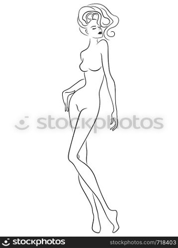Graceful and sophisticated woman with slim figure isolated on the white background, hand drawing vector outline