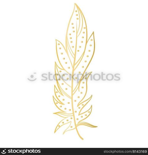 Graceful beautiful golden feather with dots isolated vector. Gold boho decoration. Luxurious item for handmade calligraphy and writing. Vintage feather clipart