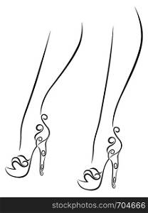 Graceful female feet in stylized abstract shoes with high heels, black over white vector artwork