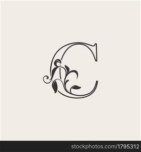 Graceful Floral Letter C Luxury Logo Icon . Black and White Outline simple beautiful logo. Vintage drawn alphabet in art nature leaf style.