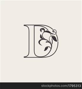 Graceful Floral Letter D Luxury Logo Icon . Black and White Outline simple beautiful logo. Vintage drawn alphabet in art nature leaf style.