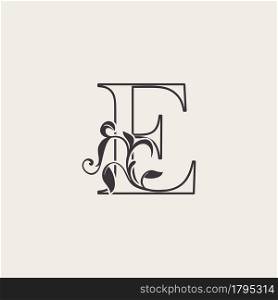Graceful Floral Letter E Luxury Logo Icon . Black and White Outline simple beautiful logo. Vintage drawn alphabet in art nature leaf style.
